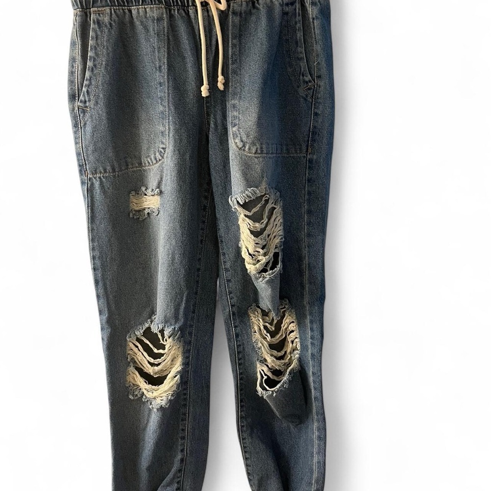 Celebrity Pink Blue Jogger Jeans with Distressed Details​​​​
